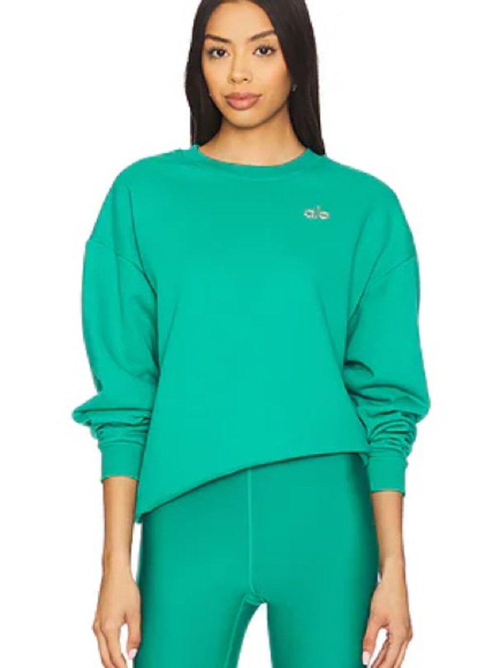 Alo Accolade Crew Neck pullover in color spruce green